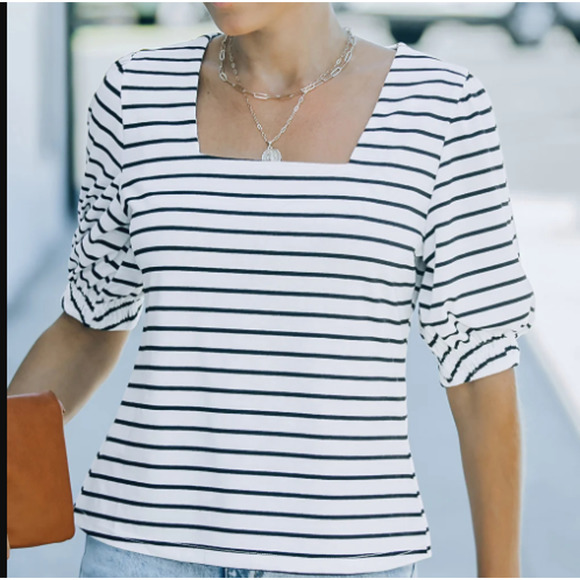 C+D+M Tops - Striped Puff Sleeve Square Neck Top - Womens - Boutique Brand NEW - Large